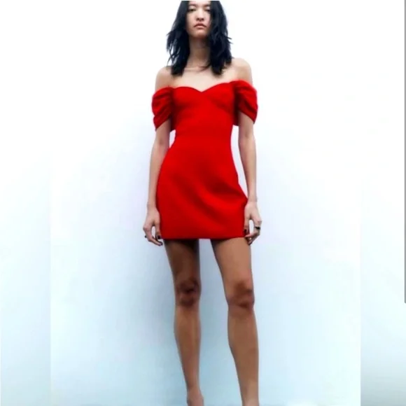 Zara Sweetheart Off the Shoulder Puff Sleeve Red Valentine’s Day Mini Dress M - Picture 5 of 14